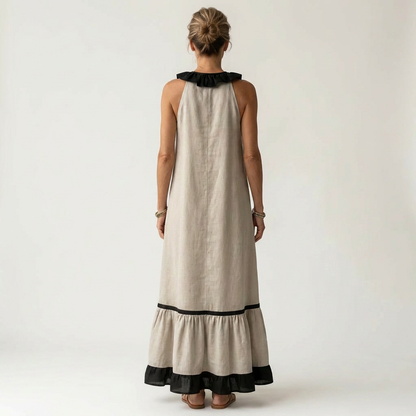 Mayline | Robe maxi sans manches à col à volants et galon contrastant
