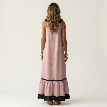 Mayline | Robe maxi sans manches à col à volants et galon contrastant