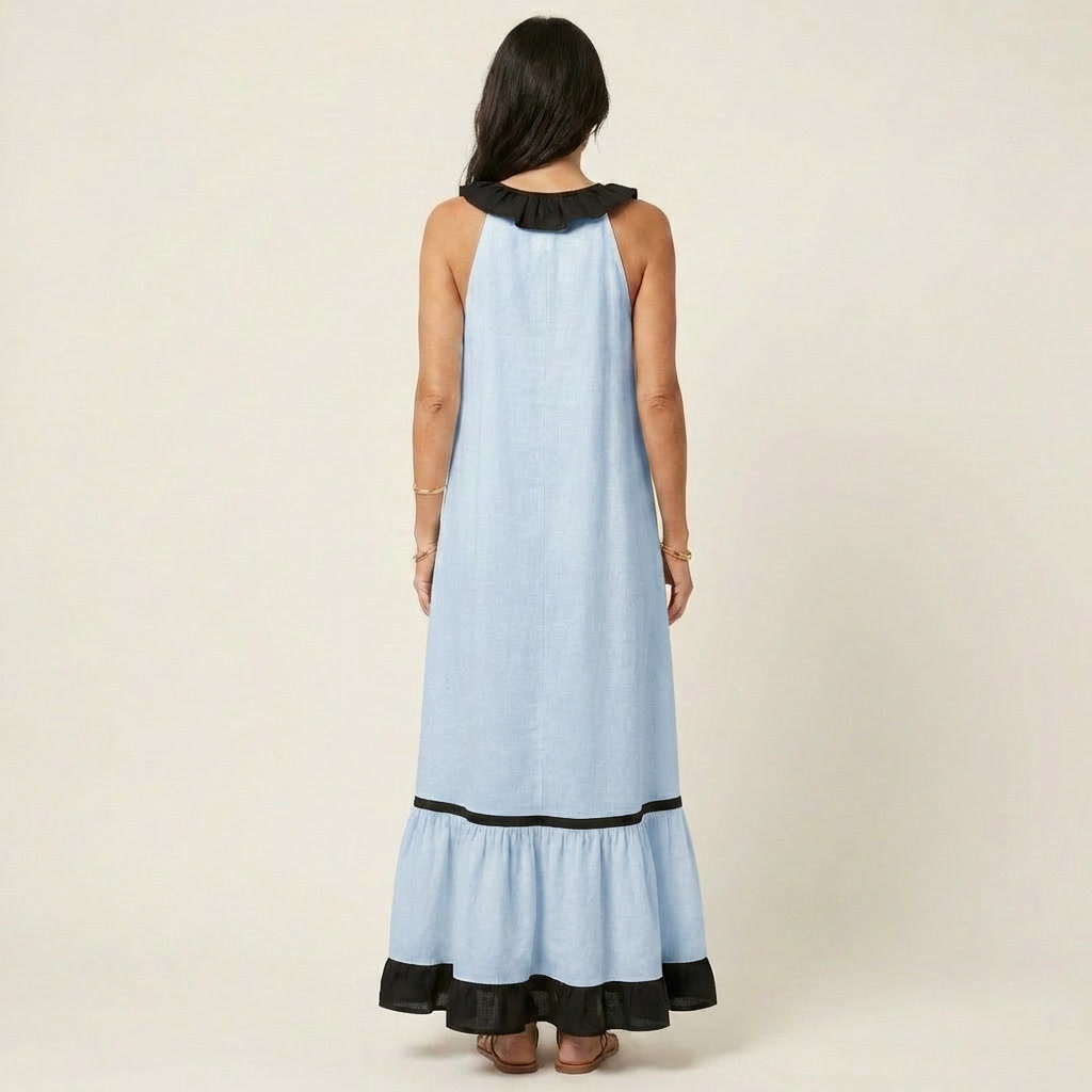 Mayline | Robe maxi sans manches à col à volants et galon contrastant
