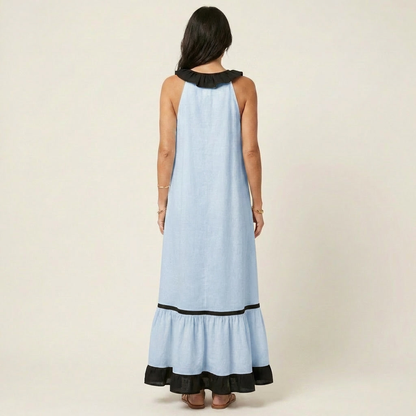 Mayline | Robe maxi sans manches à col à volants et galon contrastant