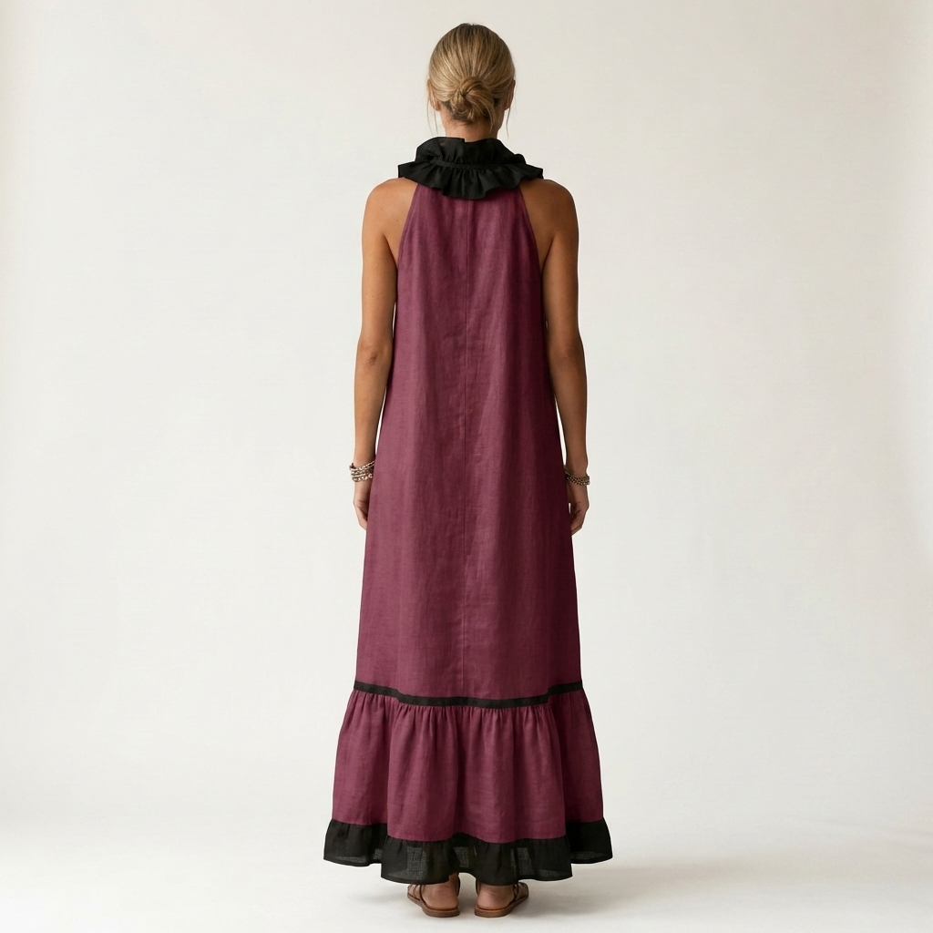Mayline | Robe maxi sans manches à col à volants et galon contrastant