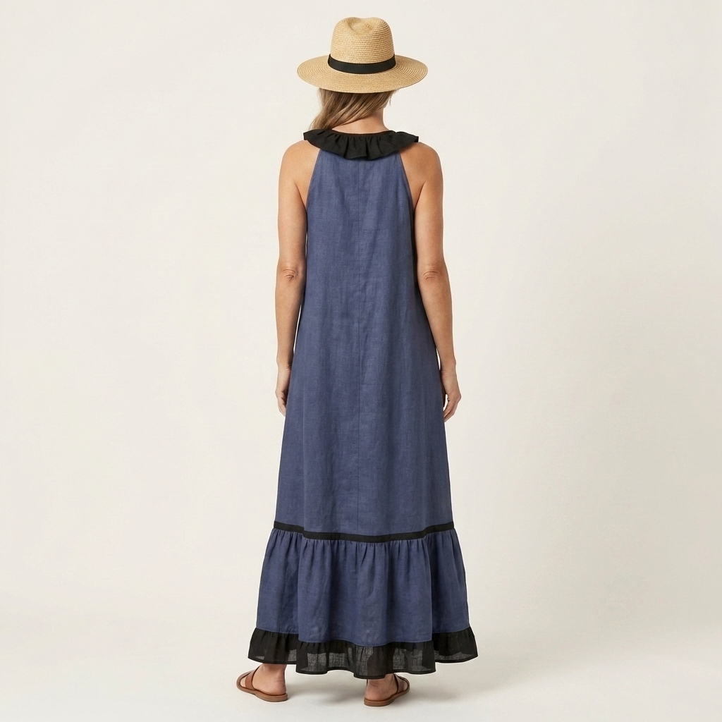 Mayline | Robe maxi sans manches à col à volants et galon contrastant
