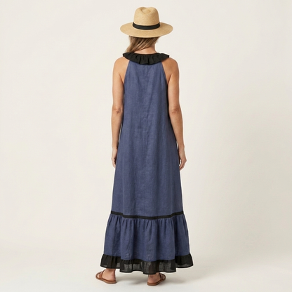 Mayline | Robe maxi sans manches à col à volants et galon contrastant