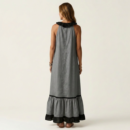 Mayline | Robe maxi sans manches à col à volants et galon contrastant