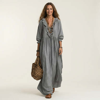 Yosetta | Robe maxi rayée à col en V avec volant et manches lantern
