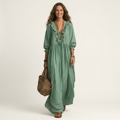 Yosetta | Robe maxi rayée à col en V avec volant et manches lantern
