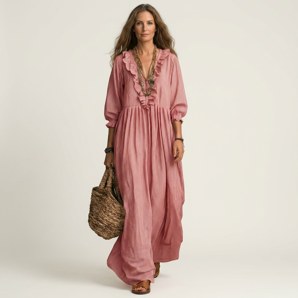 Yosetta | Robe maxi rayée à col en V avec volant et manches lantern