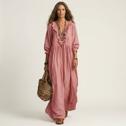 Yosetta | Robe maxi rayée à col en V avec volant et manches lantern