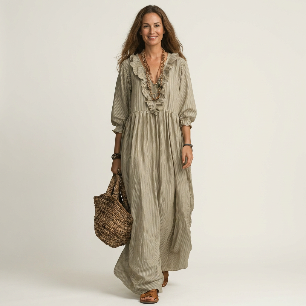 Yosetta | Robe maxi rayée à col en V avec volant et manches lantern