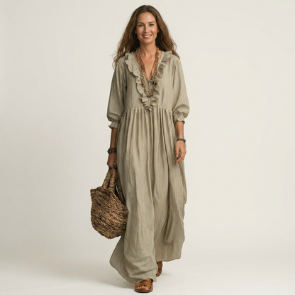 Yosetta | Robe maxi rayée à col en V avec volant et manches lantern