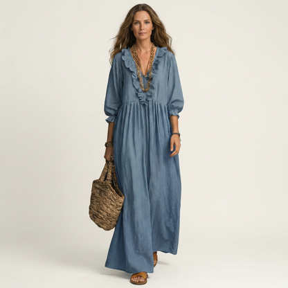 Yosetta | Robe maxi rayée à col en V avec volant et manches lantern