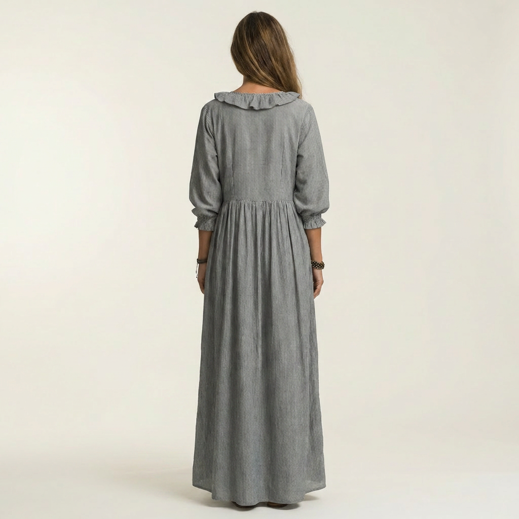 Yosetta | Robe maxi rayée à col en V avec volant et manches lantern