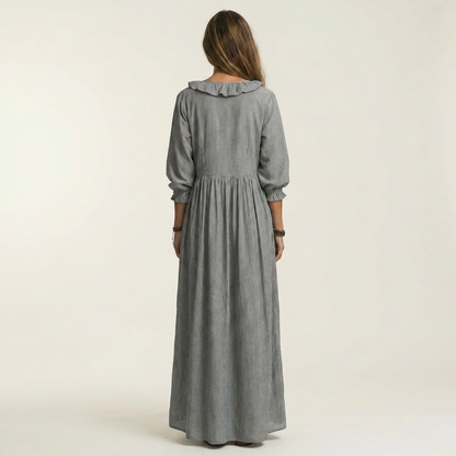 Yosetta | Robe maxi rayée à col en V avec volant et manches lantern