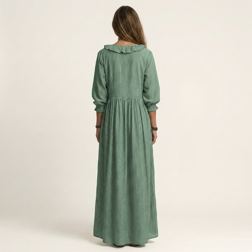 Yosetta | Robe maxi rayée à col en V avec volant et manches lantern
