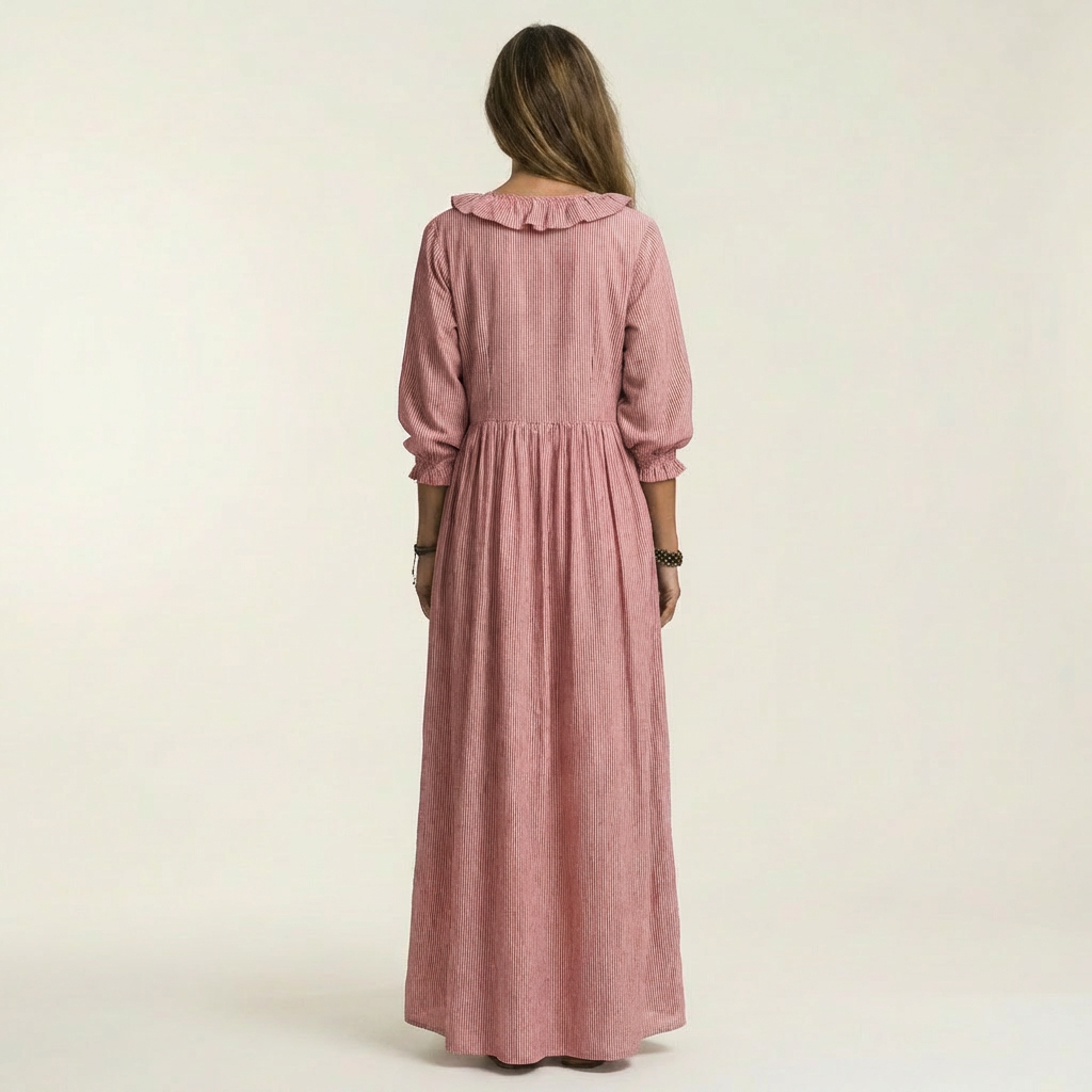 Yosetta | Robe maxi rayée à col en V avec volant et manches lantern