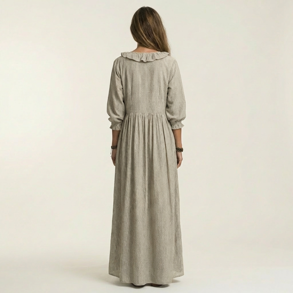 Yosetta | Robe maxi rayée à col en V avec volant et manches lantern