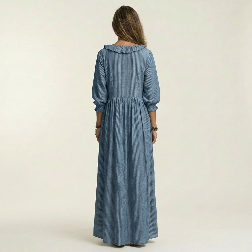 Yosetta | Robe maxi rayée à col en V avec volant et manches lantern