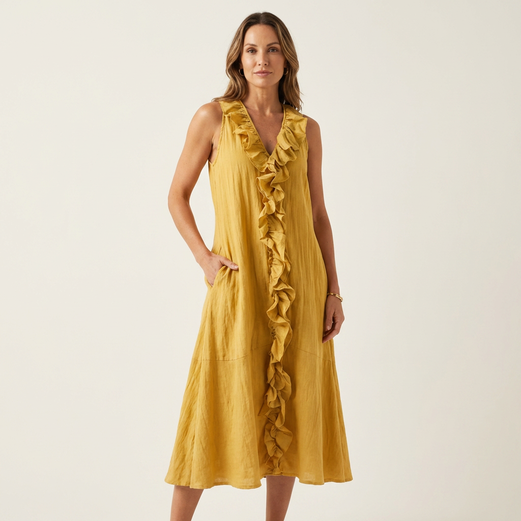 Vicky | Robe maxi en lin sans manches à encolure en V et à volants sur le devant