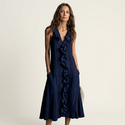 Vicky | Robe maxi en lin sans manches à encolure en V et à volants sur le devant