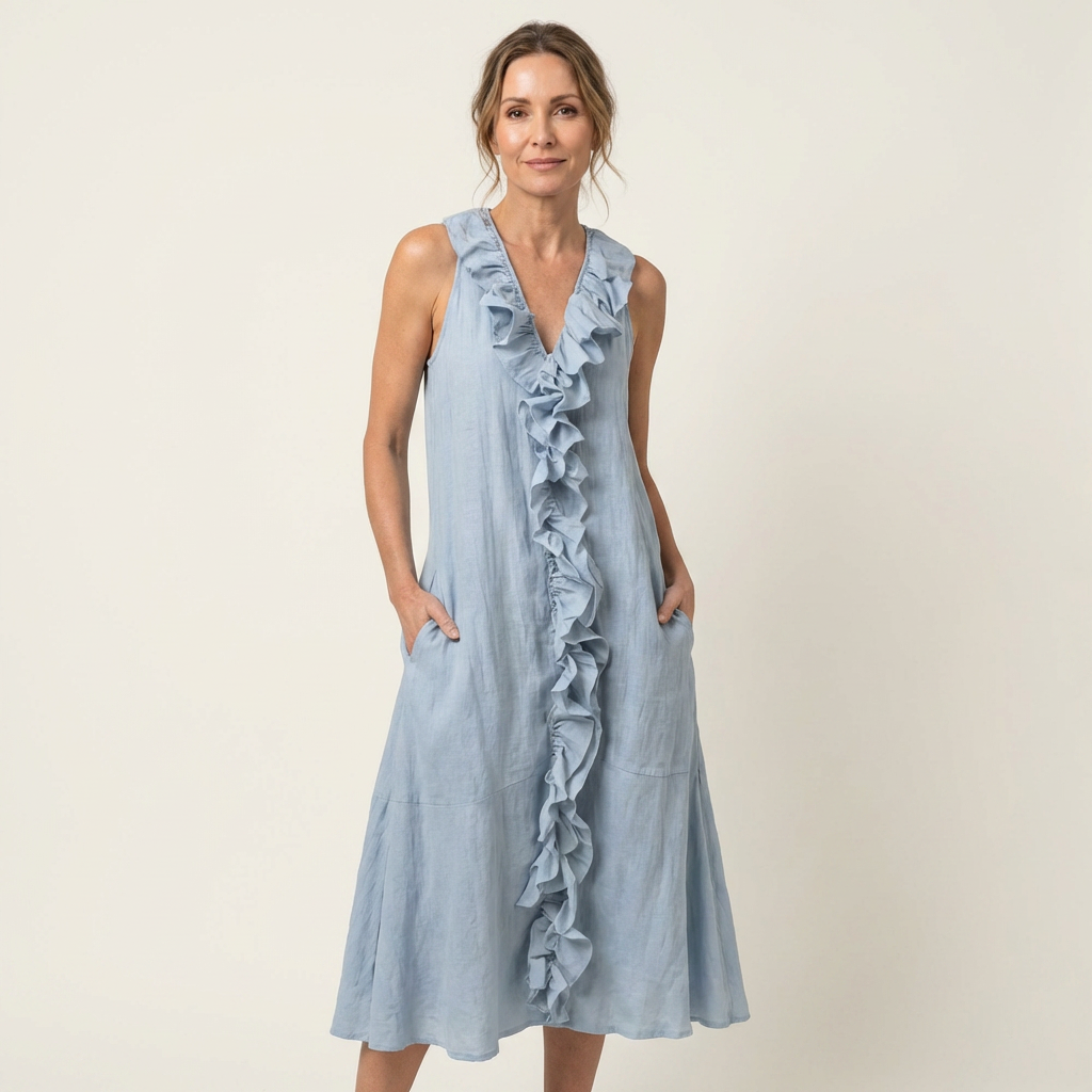 Vicky | Robe maxi en lin sans manches à encolure en V et à volants sur le devant