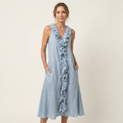 Vicky | Robe maxi en lin sans manches à encolure en V et à volants sur le devant