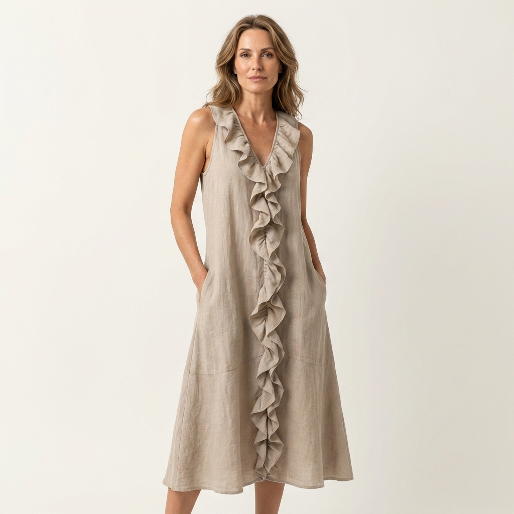 Vicky | Robe maxi en lin sans manches à encolure en V et à volants sur le devant