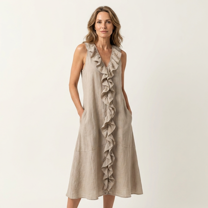 Vicky | Robe maxi en lin sans manches à encolure en V et à volants sur le devant