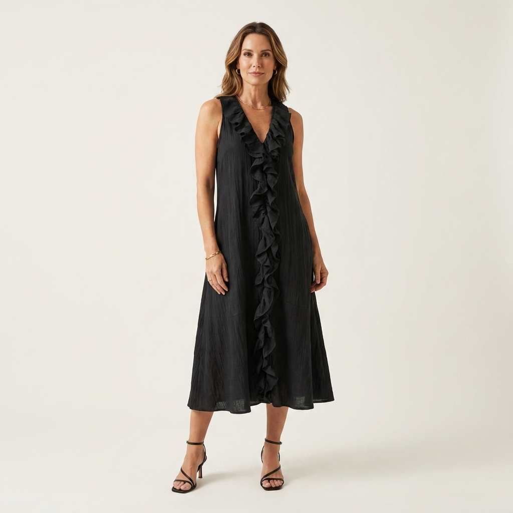Vicky | Robe maxi en lin sans manches à encolure en V et à volants sur le devant