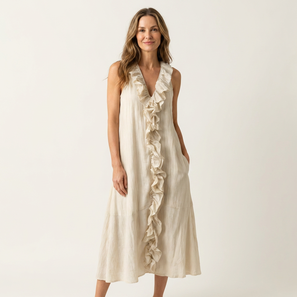 Vicky | Robe maxi en lin sans manches à encolure en V et à volants sur le devant