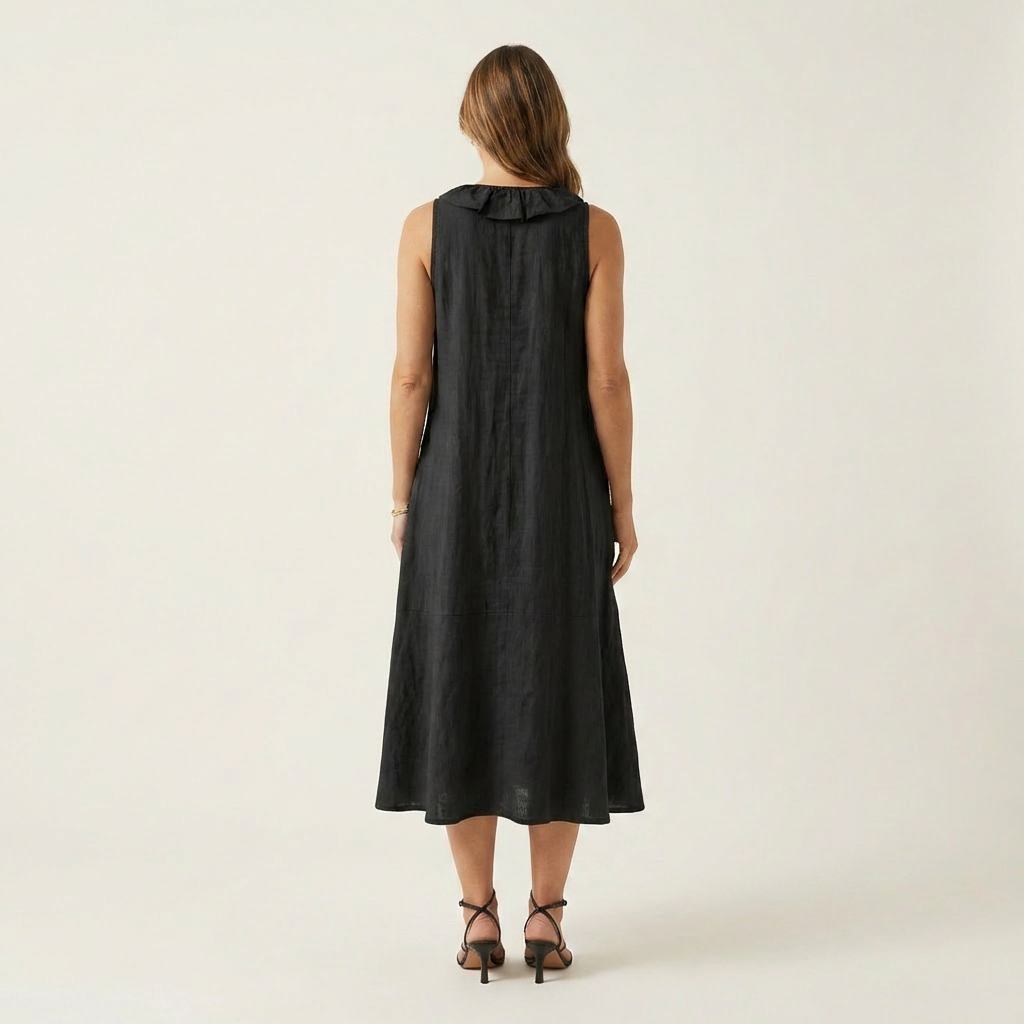 Vicky | Robe maxi en lin sans manches à encolure en V et à volants sur le devant