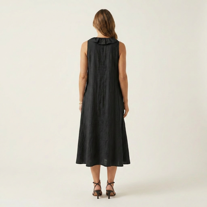 Vicky | Robe maxi en lin sans manches à encolure en V et à volants sur le devant