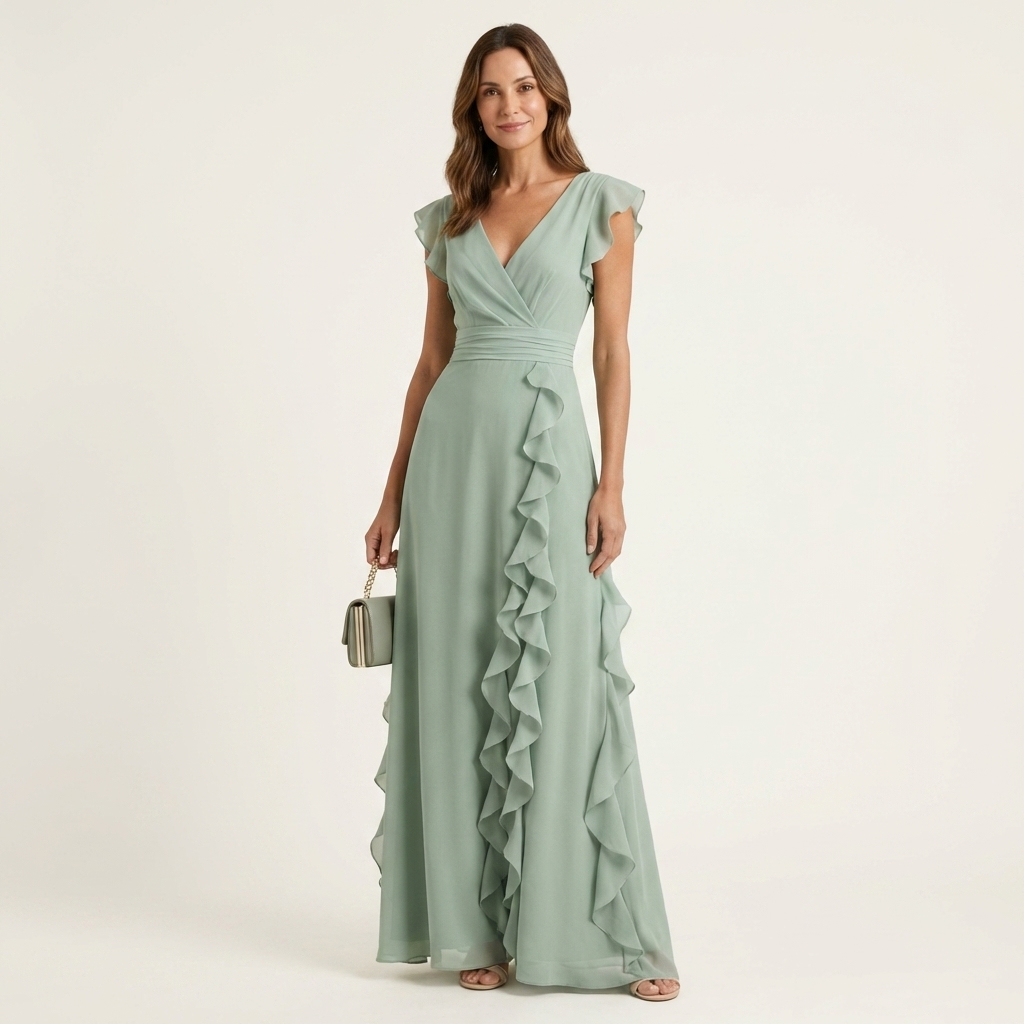 Nellyana | Robe maxi à coupe portefeuille, col en V, manches volantées et volants en cascade