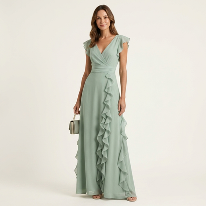 Nellyana | Robe maxi à coupe portefeuille, col en V, manches volantées et volants en cascade