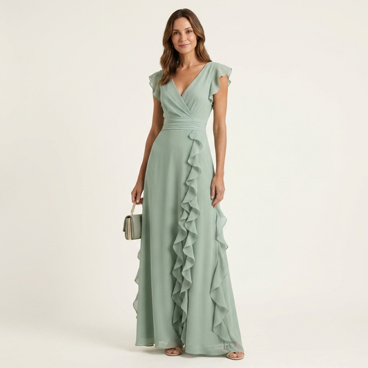 Nellyana | Robe maxi à coupe portefeuille, col en V, manches volantées et volants en cascade