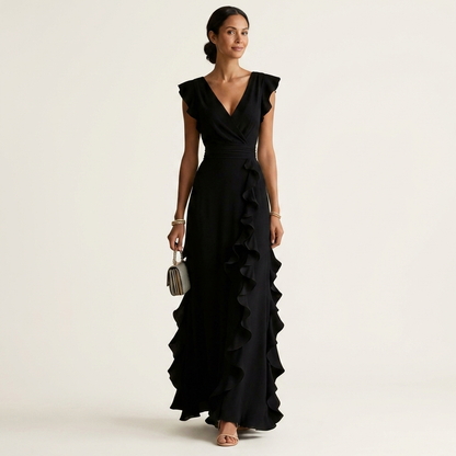 Nellyana | Robe maxi à coupe portefeuille, col en V, manches volantées et volants en cascade