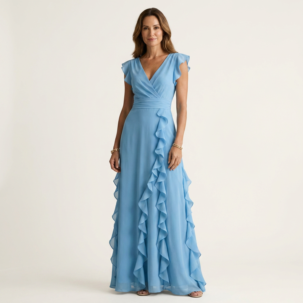 Nellyana | Robe maxi à coupe portefeuille, col en V, manches volantées et volants en cascade