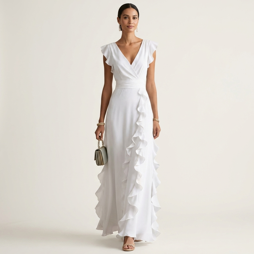 Nellyana | Robe maxi à coupe portefeuille, col en V, manches volantées et volants en cascade