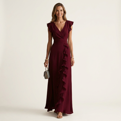 Nellyana | Robe maxi à coupe portefeuille, col en V, manches volantées et volants en cascade