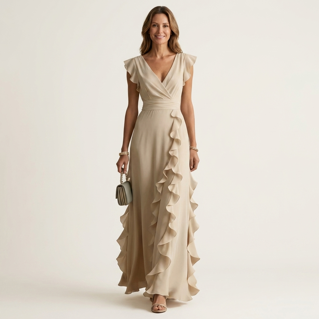 Nellyana | Robe maxi à coupe portefeuille, col en V, manches volantées et volants en cascade