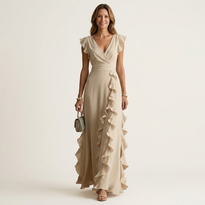Nellyana | Robe maxi à coupe portefeuille, col en V, manches volantées et volants en cascade