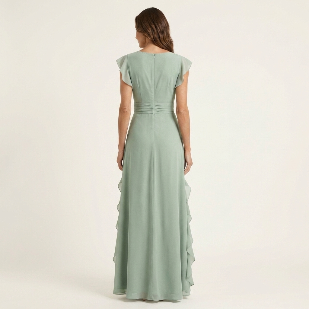 Nellyana | Robe maxi à coupe portefeuille, col en V, manches volantées et volants en cascade