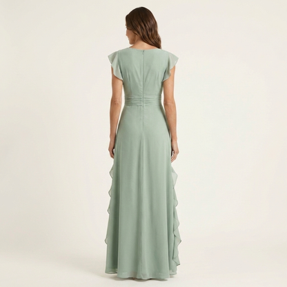 Nellyana | Robe maxi à coupe portefeuille, col en V, manches volantées et volants en cascade