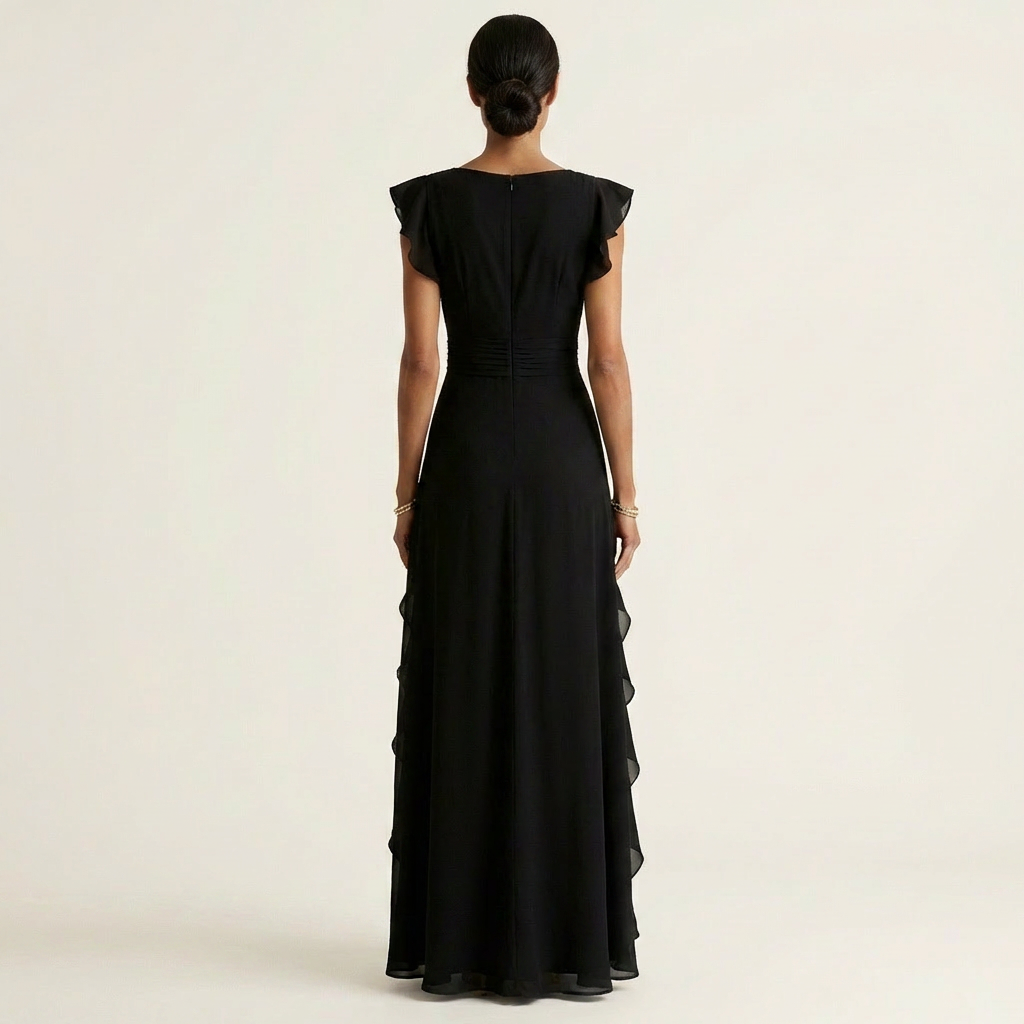 Nellyana | Robe maxi à coupe portefeuille, col en V, manches volantées et volants en cascade