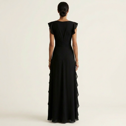 Nellyana | Robe maxi à coupe portefeuille, col en V, manches volantées et volants en cascade