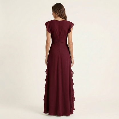 Nellyana | Robe maxi à coupe portefeuille, col en V, manches volantées et volants en cascade