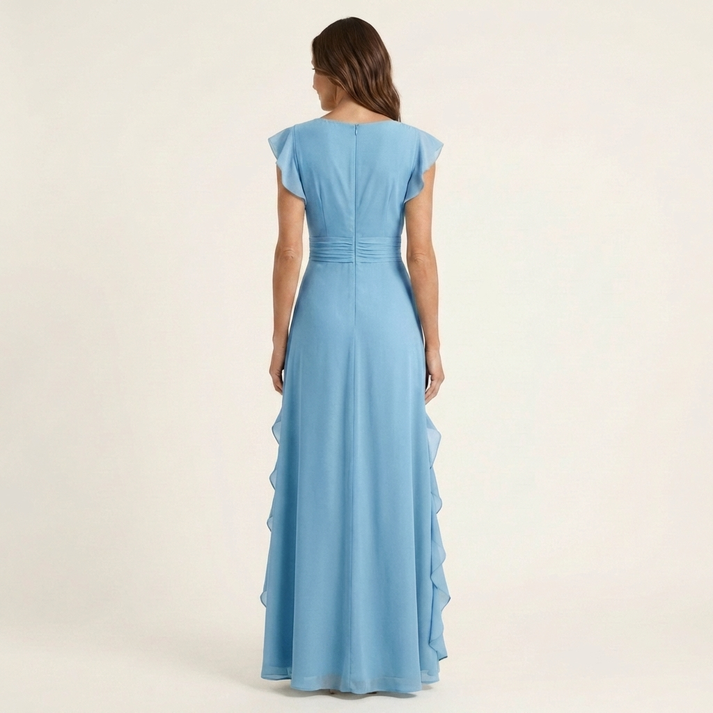 Nellyana | Robe maxi à coupe portefeuille, col en V, manches volantées et volants en cascade