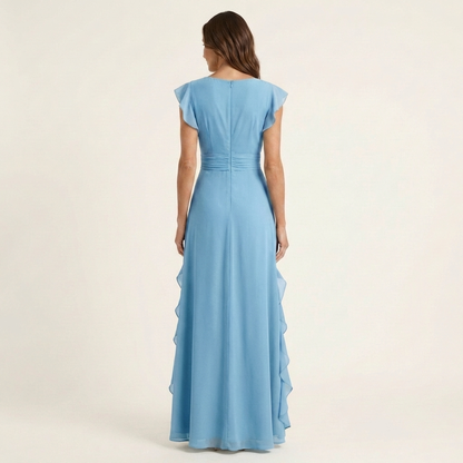 Nellyana | Robe maxi à coupe portefeuille, col en V, manches volantées et volants en cascade