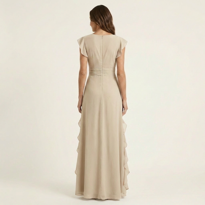 Nellyana | Robe maxi à coupe portefeuille, col en V, manches volantées et volants en cascade