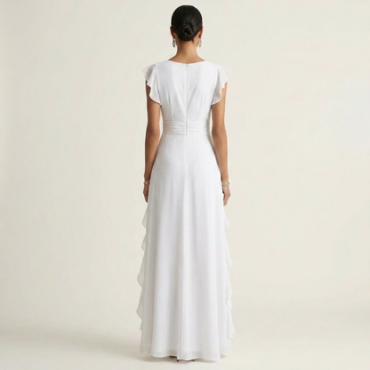 Nellyana | Robe maxi à coupe portefeuille, col en V, manches volantées et volants en cascade