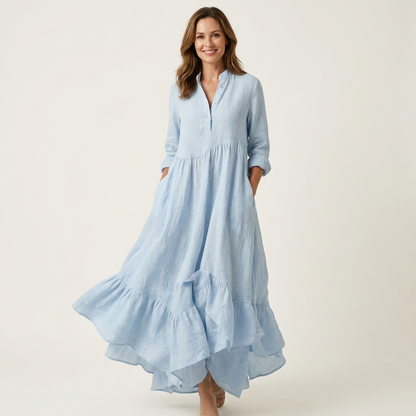 Jilana | Robe maxi à col montant et boutons sur le devant, ourlet à volants